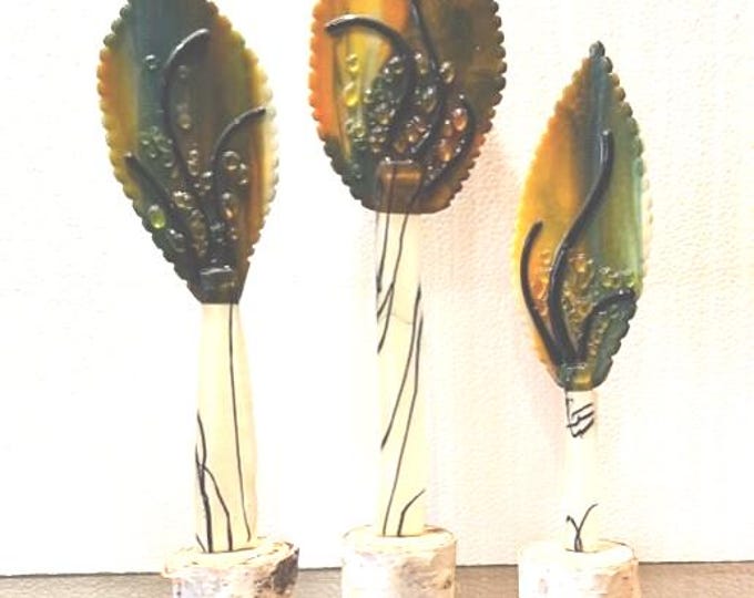 Fused Glass Abstract Tree Sculpture Set of Three, Freestanding Trees on Wood Bases, Room Decor, Unique Tree Set