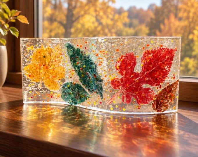 Fused Glass Autumn Leaves Window Art, Fossilized Real Leaf Sculpture