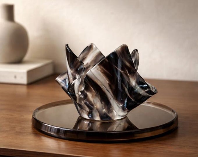 Fused Glass Tea Light Holder: Black/White Plant Holder