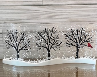 Winter Trees Curved Glass  Shelf Art, Home Decor, Window Sill Art, Bringing the Outdoors In, Tree Glass Art