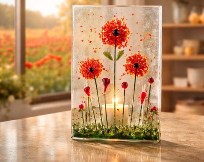 Fused Glass Poppy Tealight Holder: Floral Garden Decor