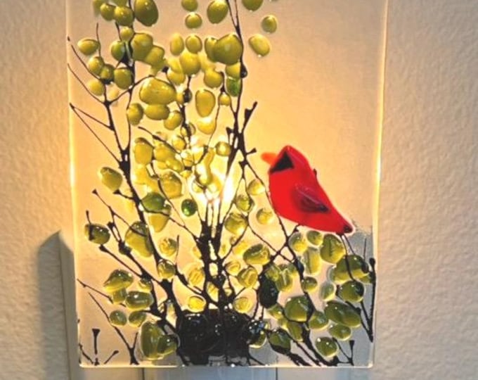 Cardinal Night Light, Fused Glass Night Light, Bird Night Light, Glass Night Light, Bringing the Outdoors In