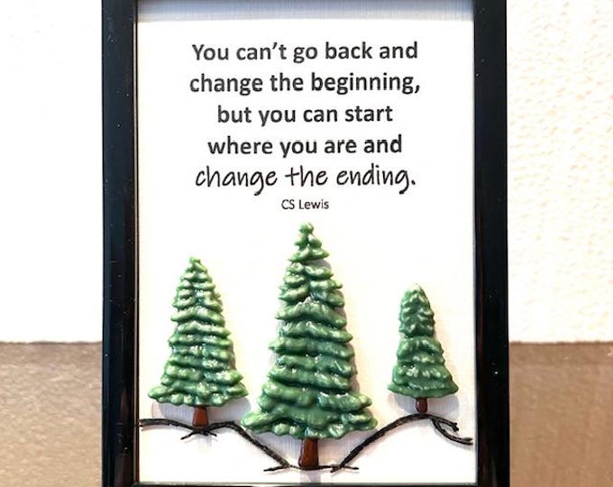 Framed Fused Glass Inspirational Picture: Table & Shelf Art, CS Lewis quote, Evergreen tree art