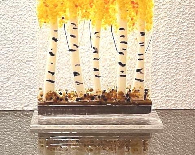 Autumn Aspen Fused Glass Art, Birch Trees, Sun Catcher Window Light Catcher, Shelf Art, Windowsill Art