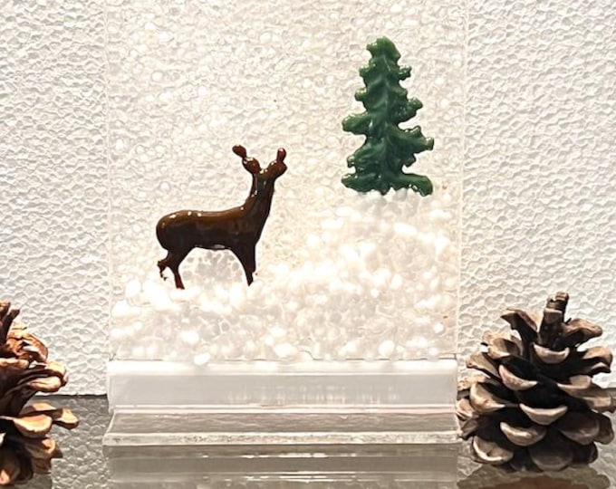 Fused Glass Winter Scene with Deer:  Winter Decor, Windowsill Art