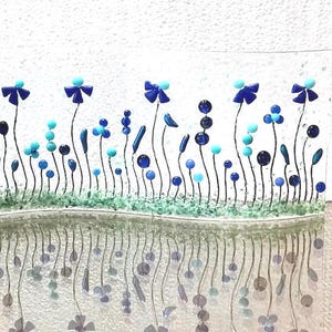 Fused Glass Blue Flower Shelf Art: Curved Window Sill Decor image 3