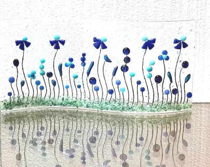 Fused Glass Blue Flower Curved Shelf Art, Home Decor, Window Sill Art, Bringing the Outdoors In, Flower Glass Art