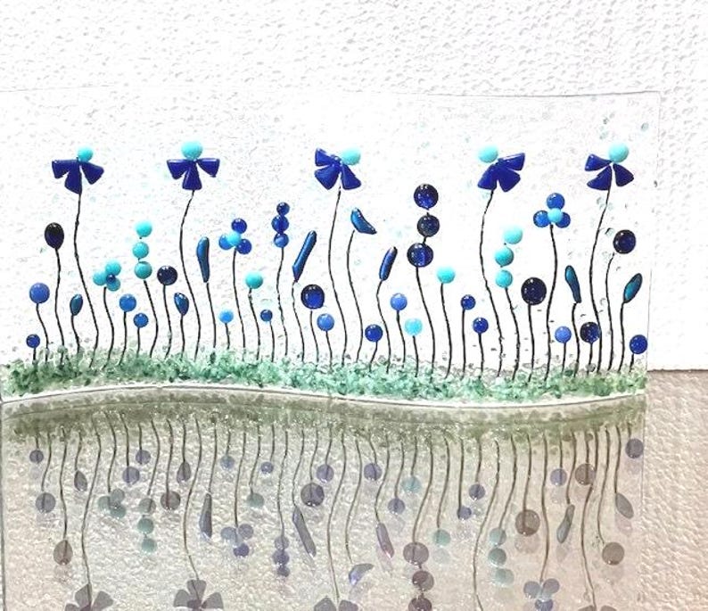 Fused Glass Blue Flower Shelf Art: Curved Window Sill Decor image 3