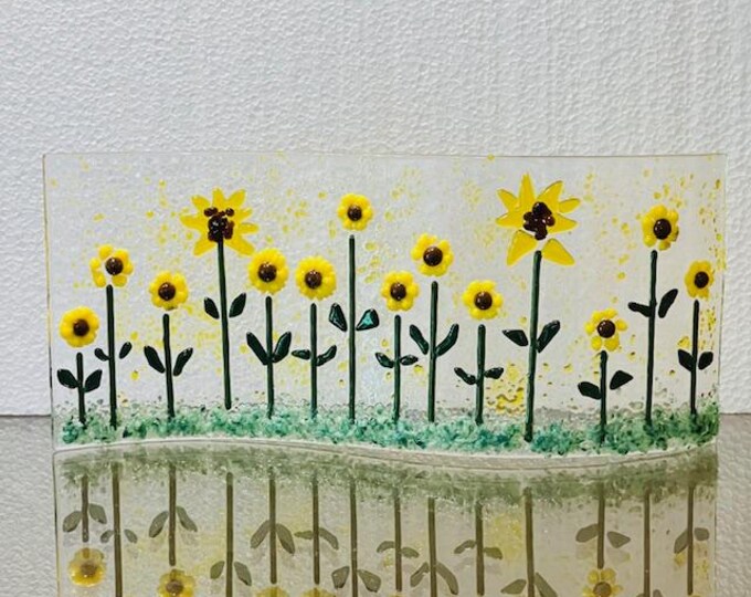Sunflower Fields Curved Fused Glass Shelf Art, Home Decor, Window Sill Art, Bringing the Outdoors In, Sunflower Glass Art
