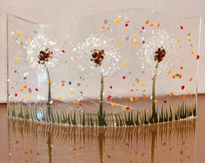 Three Wishes Curved Fused Glass Window Sill Art, Curved Flower Art, Dandelion Glass Curve, Bringing the Outdoors In