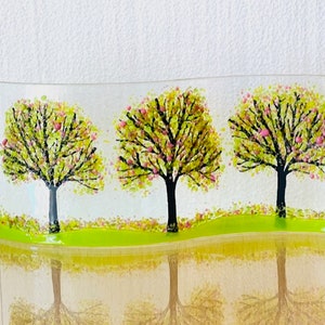 Springtime Trees Curved Glass  Shelf Art, Home Decor, Window Sill Art, Bringing the Outdoors In, Flower Glass Art