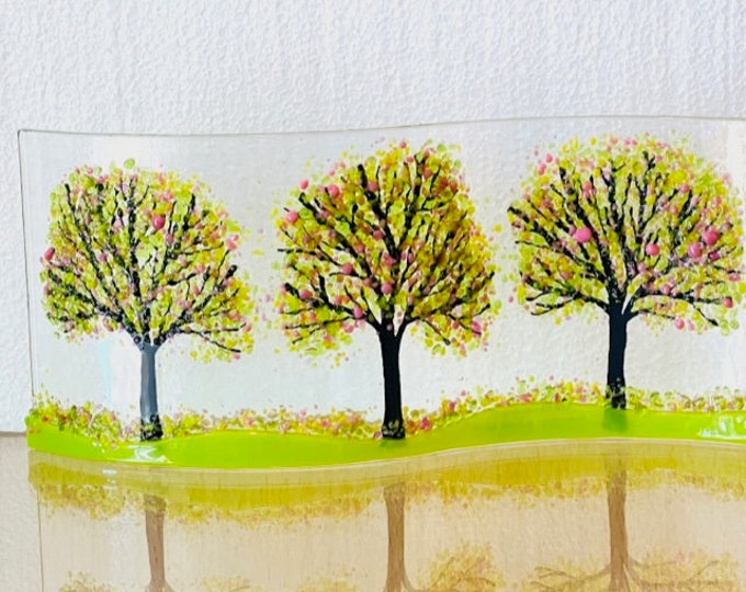 Springtime Trees Curved Glass  Shelf Art, Home Decor, Window Sill Art, Bringing the Outdoors In, Flower Glass Art