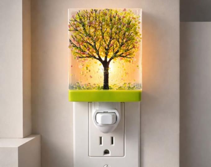 Spring Tree Fused Glass Night Light: Nature Inspired Accent Light