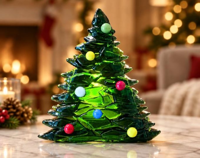 Fused Glass Evergreen Tree Tealight holder: Candle holder 2.5" x 3.5"