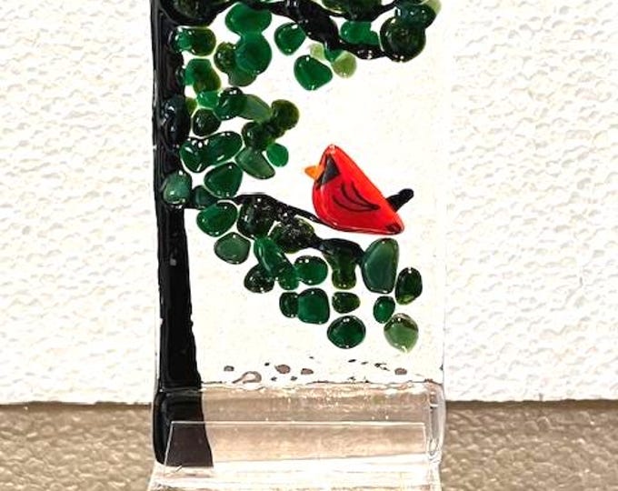 Cardinal Bird Freestanding Shelf Art, Red Bird Glass Art, Fused Glass , Memorial Gift