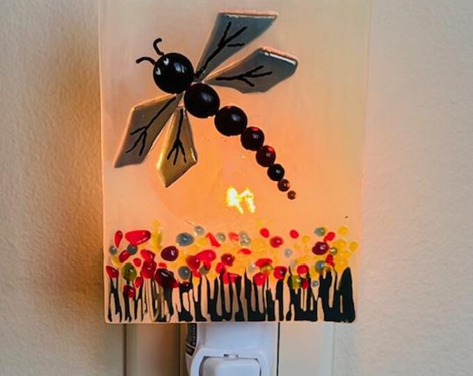 Dragonfly Fused Glass Night Light, Bringing the Outdoors In, Bedroom, Bathroom, Hallway Light, Nature Inspired, Plug In Accent Light
