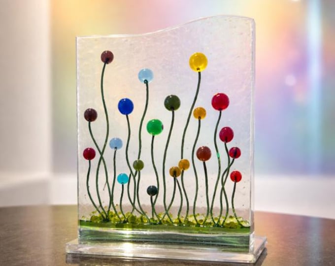 Fused Glass Rainbow Flower Garden Art on Glass Stand