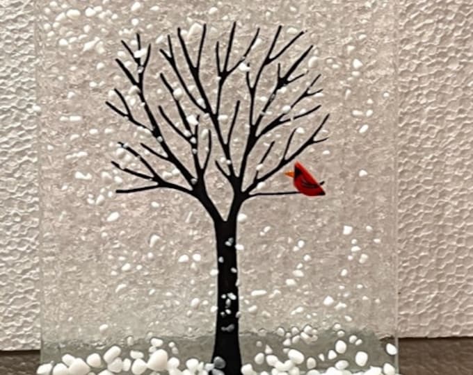 Winter Tree Fused Glass Art with Cardinal, Winter Decor, Sun Catcher Window Light Catcher, Shelf Art, Holiday Decor. Windowsill Art