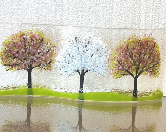 Cherry Blossoms Curved Glass  Shelf Art, Home Decor, Window Sill Art, Bringing the Outdoors In, Flower Glass Art