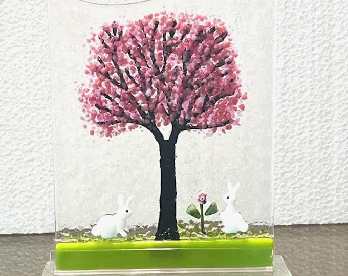 Springtime Tree Fused Glass Art with Bunnies, Sun Catcher Window Light Catcher, Shelf Art, Windowsill Art, Easter Art