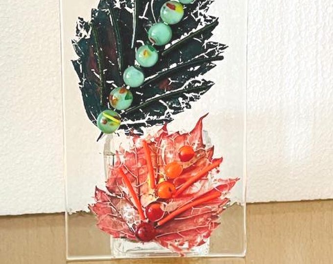 Fused Glass Fossilized Autumn Leaves Candle Holder, Fall Leave Votive Holder, Autumn Tealight Holder, Bringing the Outside In