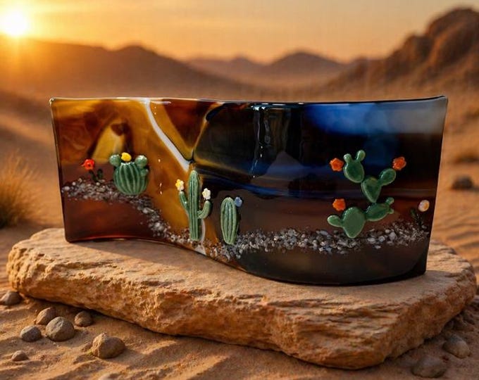 Desert Landscape Fused Glass Art: Curved Shelf Decor, 10" x 4"