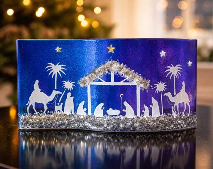 Fused Glass Curved Nativity Scene: Iridescent Christmas Decoration 9" x 4"