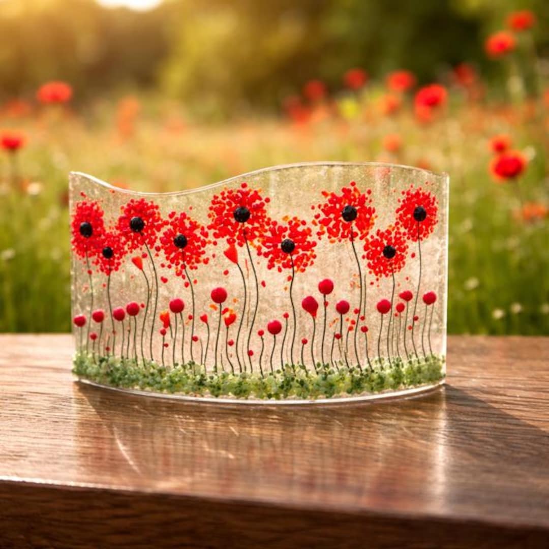 Poppy Fields Fused Glass Art: Curved Window Sill Decor - Etsy