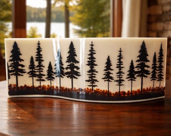 Evergreen Tree Forest Fused Glass Art - Curved Shelf Decor (10x4 inch)