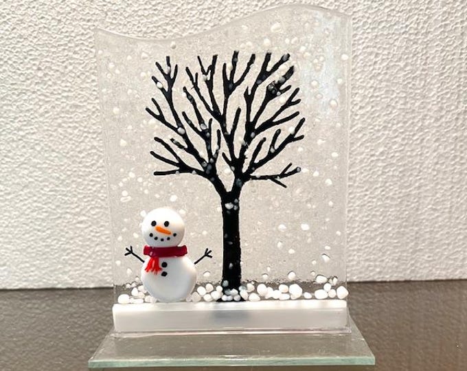 Winter Tree Fused Glass Art with Snowman, Winter Decor, Sun Catcher Window Light Catcher, Shelf Art, Holiday Decor. Windowsill Art