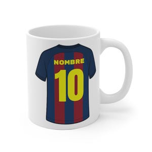 Personalized FC Barcelona mug with your name and number, ideal for giving to a true Barça and football fan.