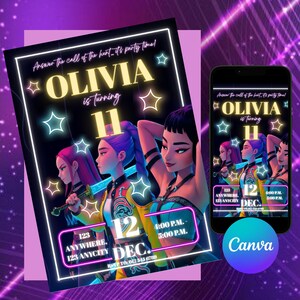 Może przedstawiać: Zaproszenie na przyjęcie urodzinowe z neonowym designem z napisem "OLIVIA kończy 11 lat". Zaproszenie zawiera ilustracje trzech postaci i szczegóły wydarzenia. Smartfon wyświetla ten sam projekt. Zaproszenie jest w fioletowo-czarnej kolorystyce.