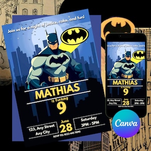 May include: Batman-themed birthday party invitation featuring a cartoon illustration of Batman. The invitation includes the name "Mathias" and the number "9", along with event details. A smartphone displays a similar design. The Canva logo is visible.