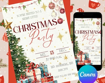 May include: A Christmas party invitation with the text "Christmas Party" in a festive font. The invitation includes details like the date, time, and location. The design features Christmas tree illustrations, gift boxes, and decorative ornaments.