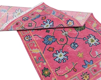 Hand Knotted Pink Oushak Rug, Vintage Turkish Area Rug, Bright Pink Wool Rug, Floral Oushak Rug, Handmade Living Room & Bedroom Decor