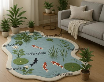 Alfombra con diseño de estanque de carpas koi / Alfombra con diseño de pez loto en 3D, alfombra de suelo inspirada en la naturaleza.