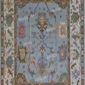 Handmade Oushak Rug Blue Oriental Wool Carpet | Traditional Turkish Design Area Rug | Living Room & Bedroom Decor