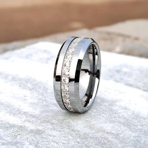 Silver Tungsten Ring: Cubic Zirconia Men&#39;s Wedding Band, Free Engraving