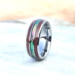 8 mm Wolframring mit hawaiianischem Koa-Holz und Abalone-Muscheleinlage|Herren-Ehering,Einzigartiger,langlebiger Ring mit bequemer Passform