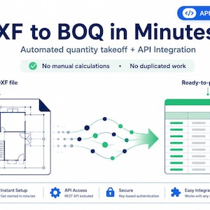May include: A digital infographic titled DXF to BOQ in Minutes showing a DXF file floor plan converting into a ready-to-price BPU spreadsheet. It features text labels for automated quantity takeoff, API integration, and key software benefits.