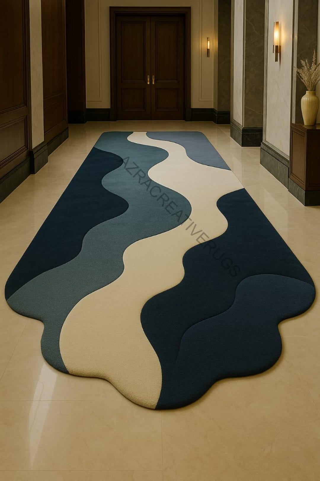 Unique Shape Runner Rug Handmade Wavy Runner Rug – Blue Teal Cream Long Hallway Carpet | Modern ...