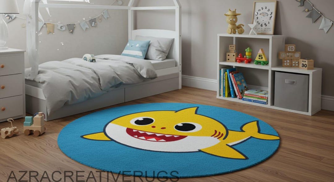 Kids Round Baby Shark Cartoon Carpet – Soft Colorful Anti-slip Rug for ...