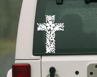 Sticker croix florale | Autocollant chrétien en vinyle | Autocollant Faith pour voiture, ordinateur portable ou gobelet | Sticker croix boho élégant design religieux l