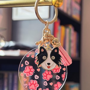 Border Collie & Pink Paws Acrylic Keychain with Gold-Tone Keyring, Tassel, and Dog Charm