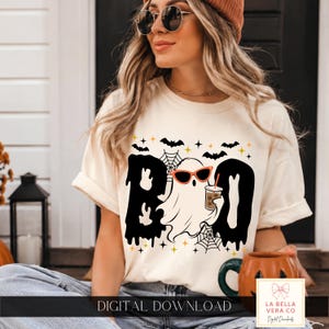 Boo ghost coffee PNG Halloween sublimation DTF digital download ghost sunglasses iced coffee bat spider web Halloween shirt spooky png tee