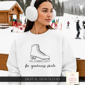 Può includere: Una felpa bianca a girocollo con un'illustrazione a linee nere di un pattino da ghiaccio centrata sul petto. Sotto il pattino, il testo recita for goodness skate in un carattere corsivo nero. Il capo presenta maniche lunghe e scollo a coste.