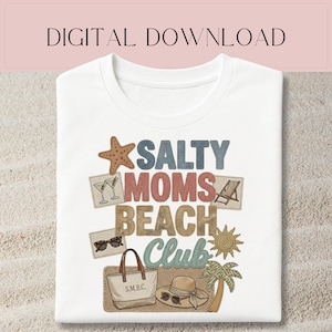 Salty Moms Beach Club PNG | Coastal Summer Sublimation Design for DIY | Faux Patch Work