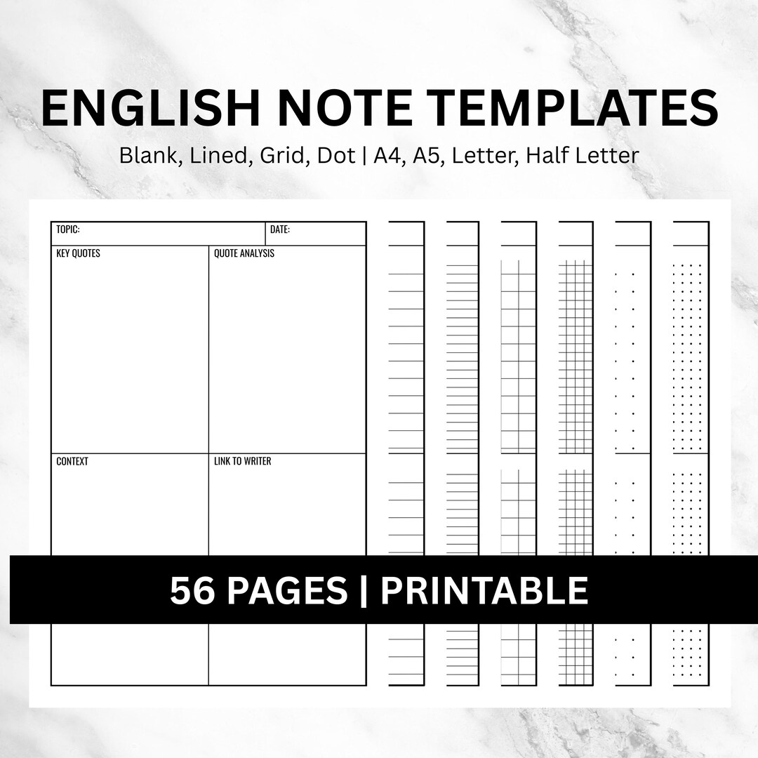 English Notes Template Set Student Pages Bundle Note Taking Graph Dot ...