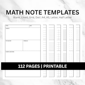 Könnte beinhalten: Weißes, druckbares Mathe-Notizvorlagen-Set mit verschiedenen Layouts: leer, liniert, kariert und gepunktet. Verfügbar in A4, A5, Letter und Half Letter. Das Design umfasst Abschnitte für Thema, Konzept, Erklärung, Formeln und Beispielaufgaben. Der Text "112 PAGES | PRINTABLE" ist ebenfalls enthalten.