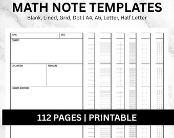 Math Notes Template Set Student Pages Bundle Note Taking Graph Dot Grid Dotted Lined Ruled Paper A4 A5 Letter Half Letter PDF Printable